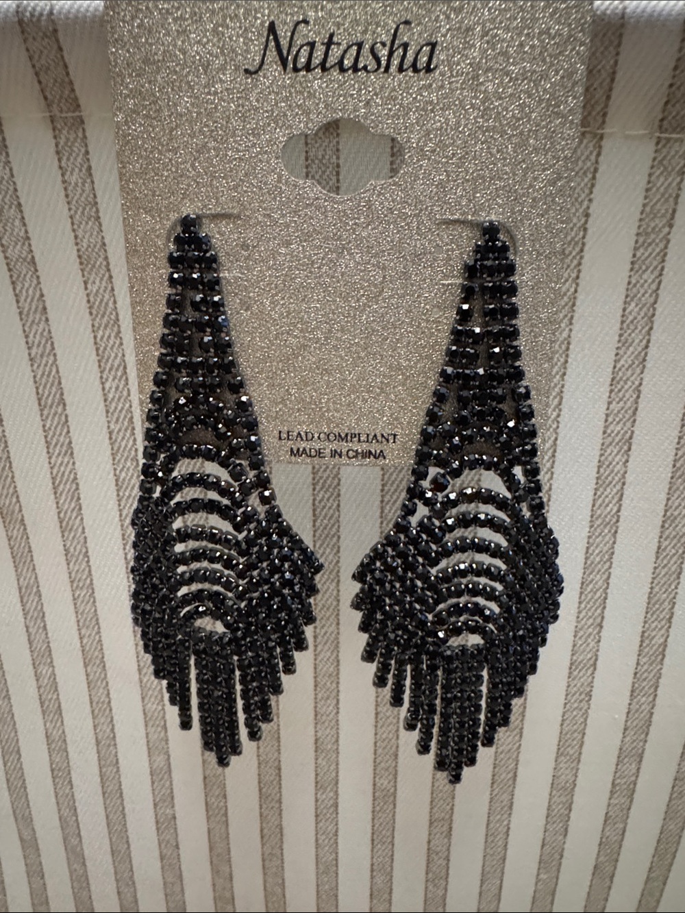 Natasha Couture Jet Black Crystal Fringe Chandelier Earrings
